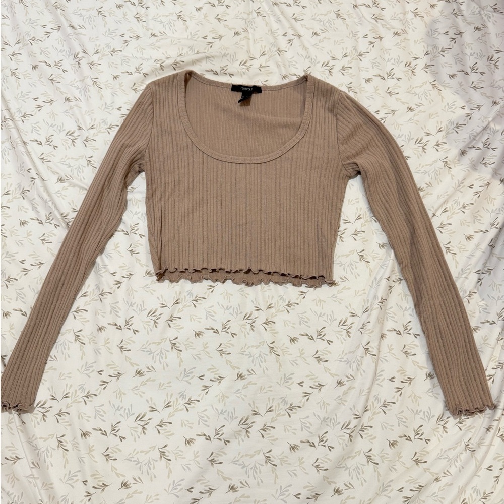 Forever 21 Ribbed Beige Long Sleeve Crop Top